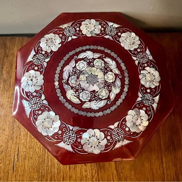 Vintage Octagon Wooden Lacquered Box with Mother of Pearl Inlays 11 pc. 11.5 x 2 - Picture 1 of 10